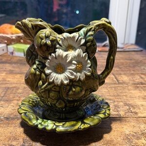 Vintage Floral Tilso Ceramic Pitcher and Saucer - Olive Green and White